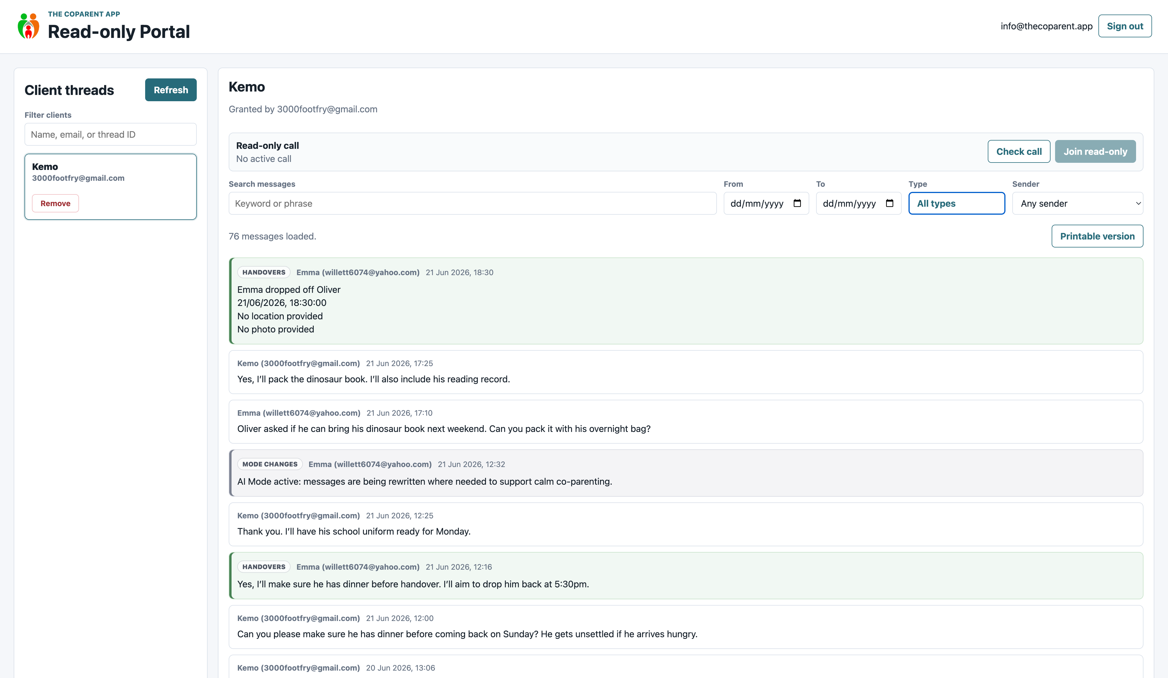 The Coparent App professional portal showing a family record