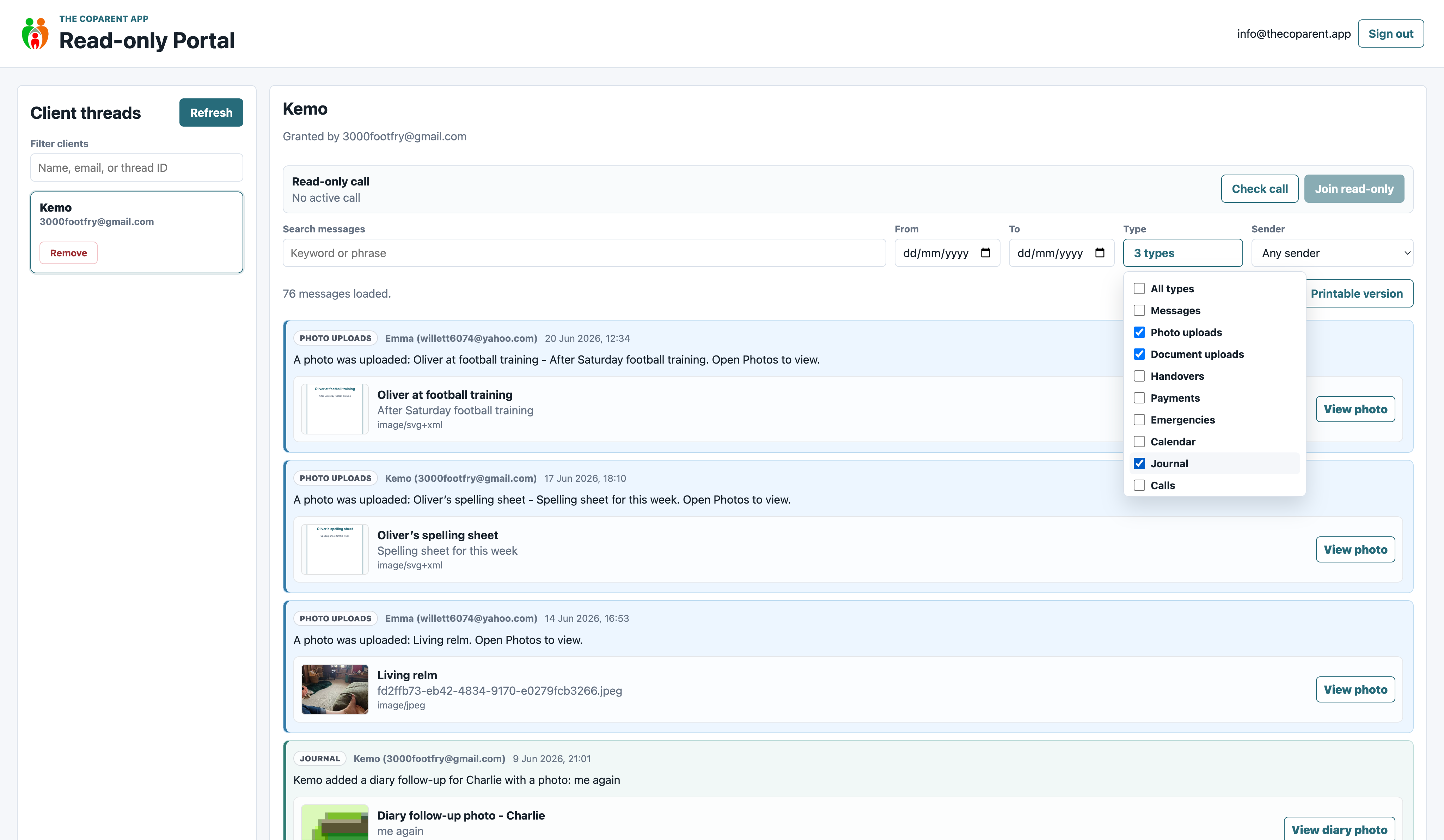 Filtered review in The Coparent App professional portal