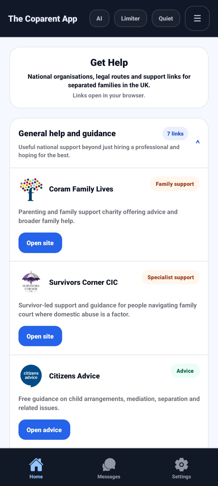 Expanded Get Help category inside The Coparent App