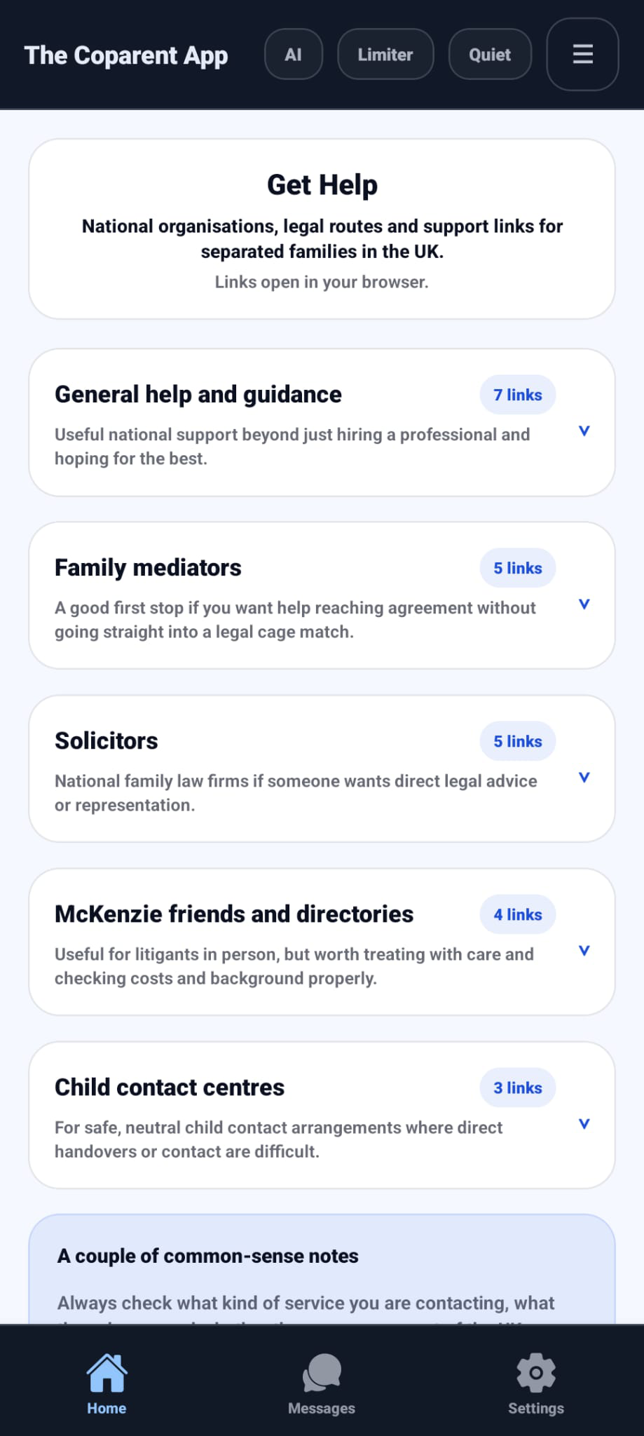 Get Help categories inside The Coparent App