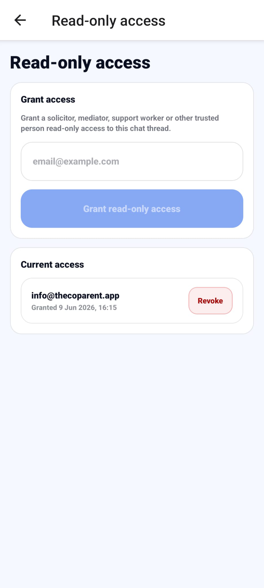 Grant read only access screen in The Coparent App
