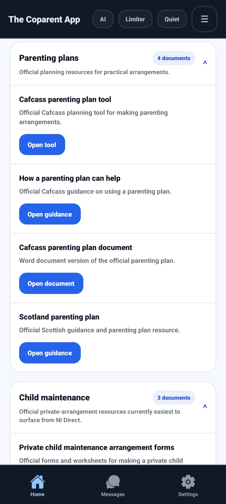 Parenting plans category inside The Coparent App