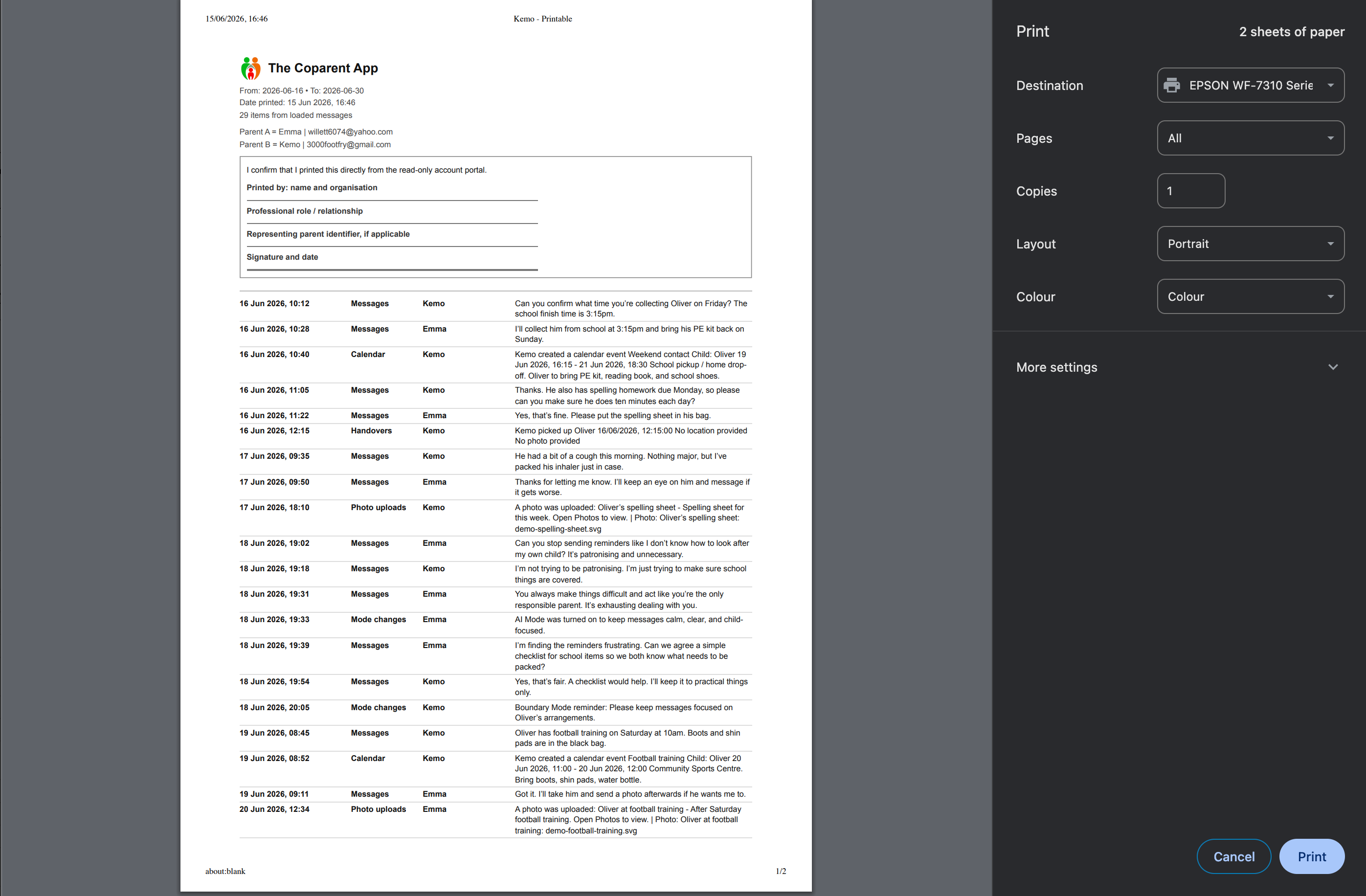 Printable record preview from The Coparent App professional portal