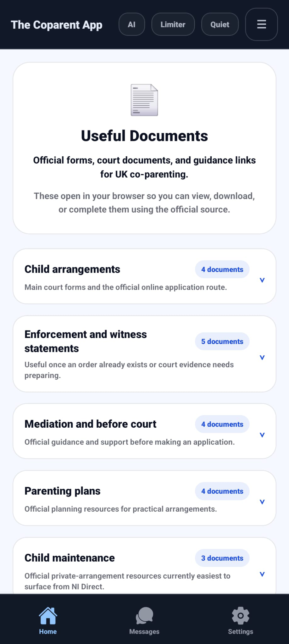 Useful Documents categories inside The Coparent App