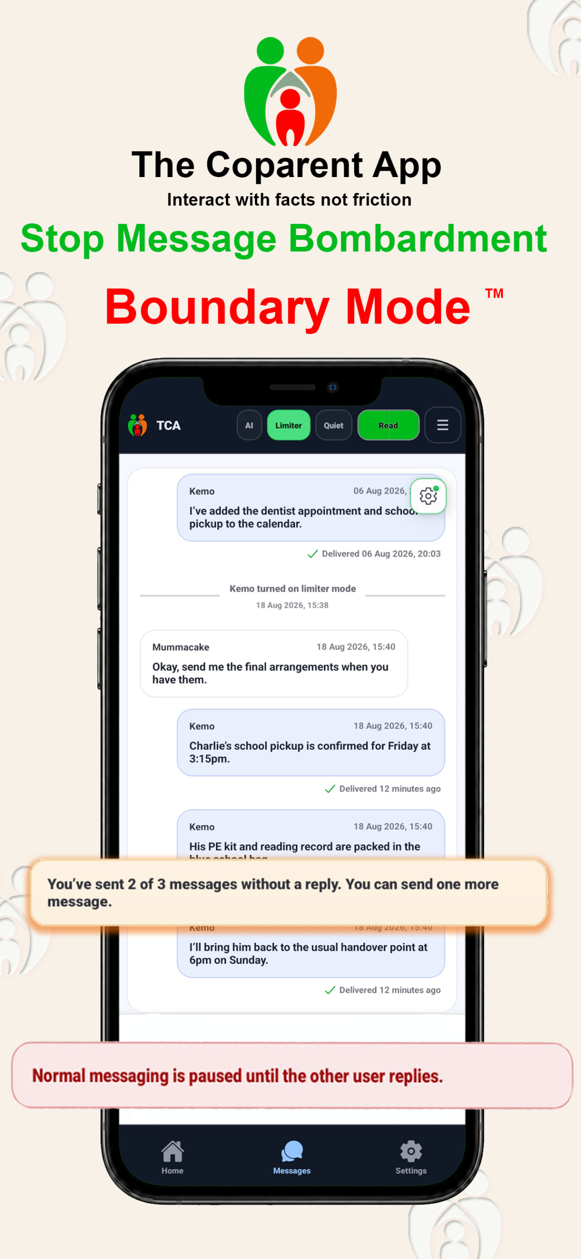 Boundary Mode screen showing co-parent message limits