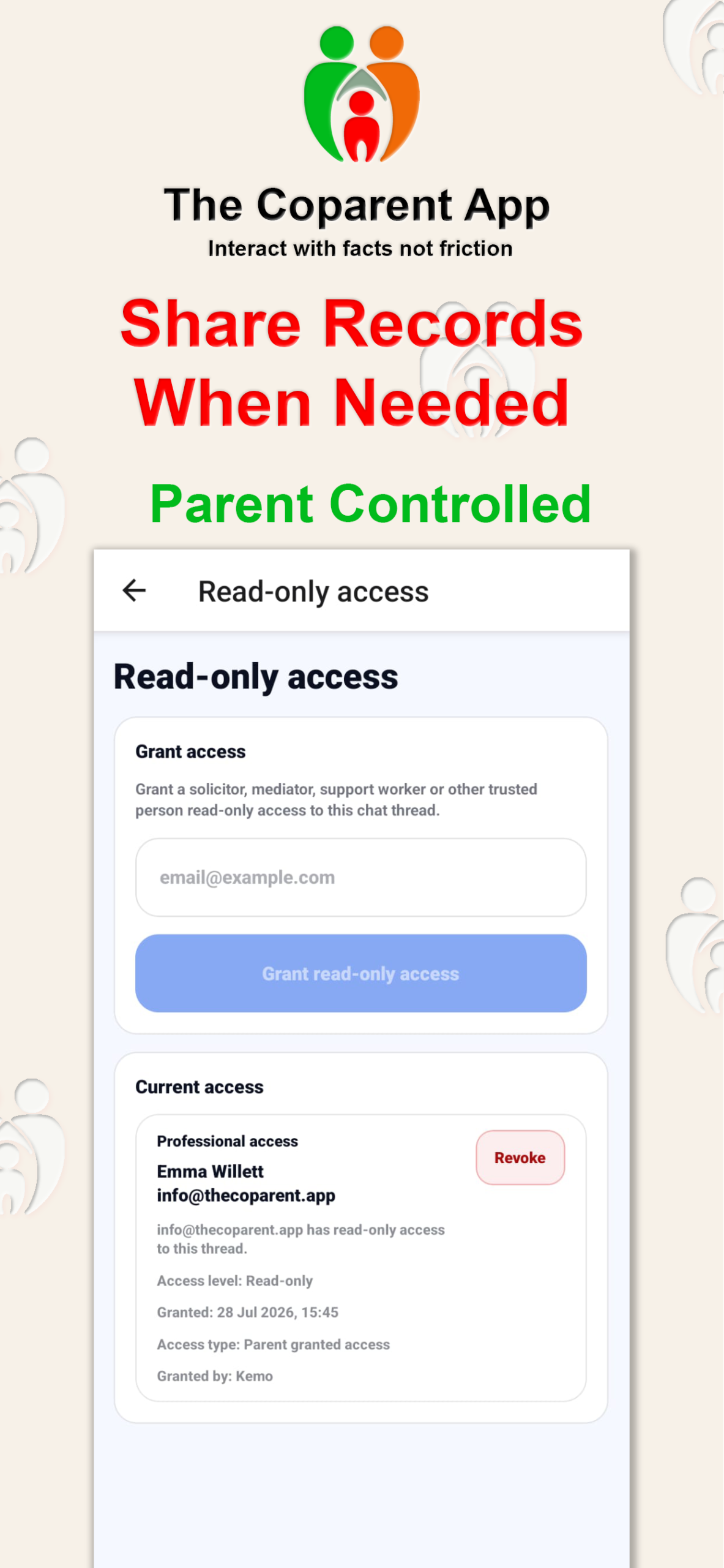 Professional read-only access screen in The Coparent App