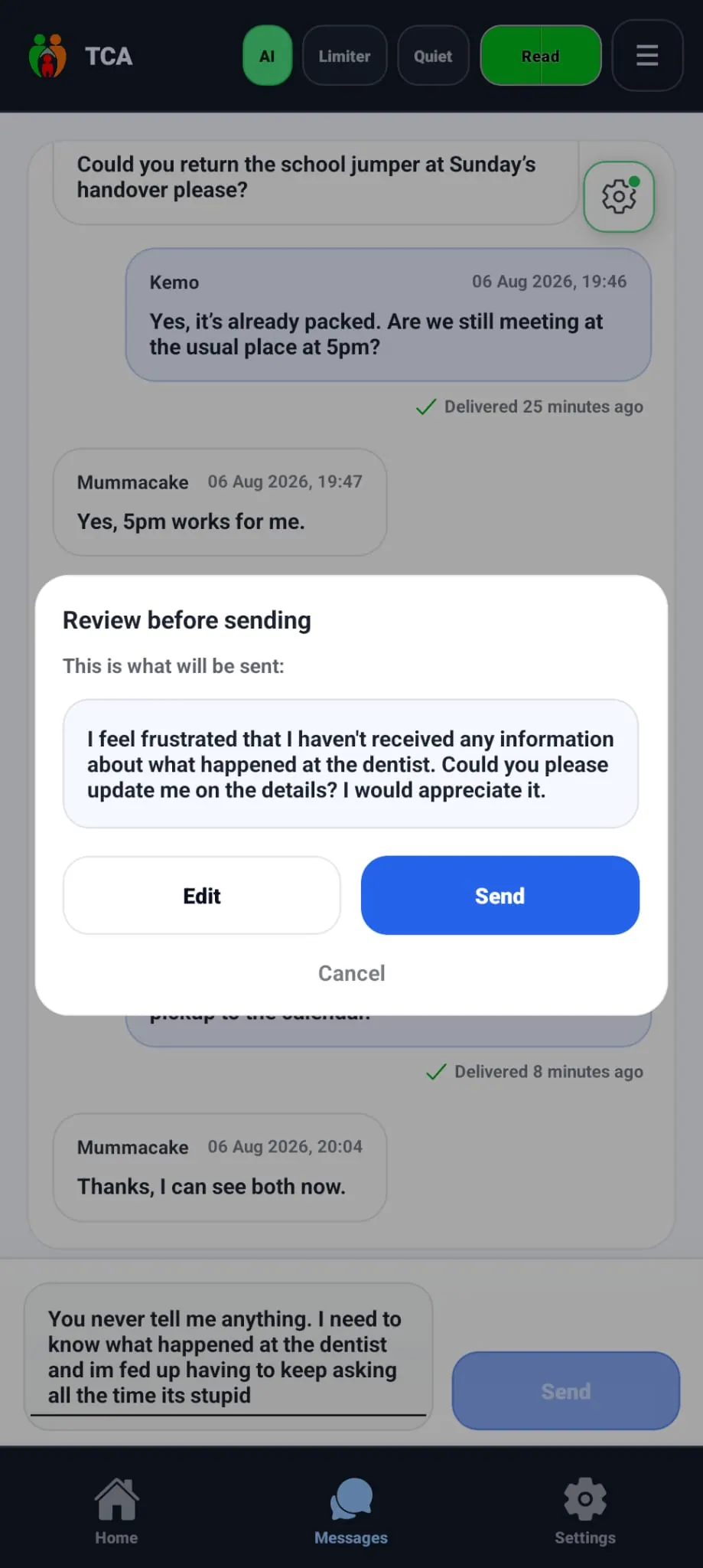 AI message review screen suggesting calmer co-parenting wording before a message is sent