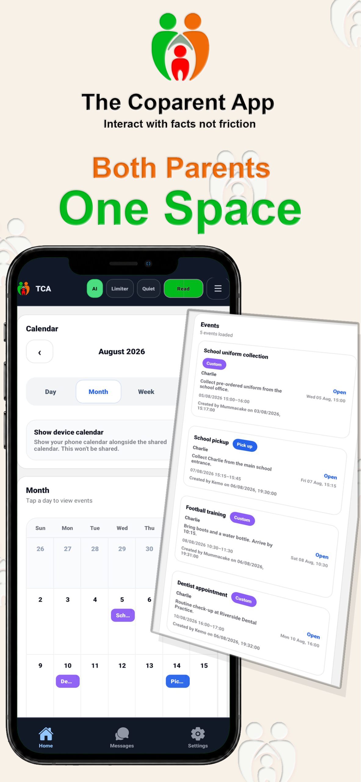 Shared co-parenting calendar screen in The Coparent App