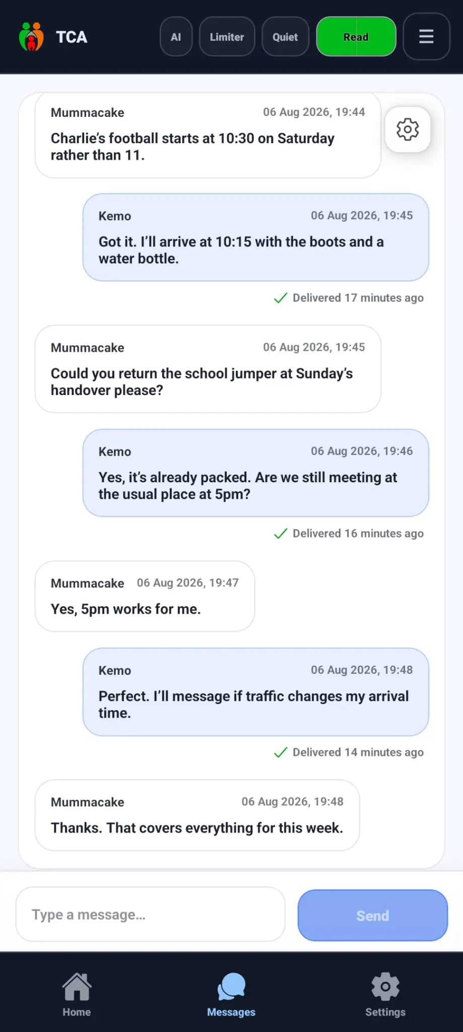 The Coparent App chat showing clear arrangements for football and a child handover