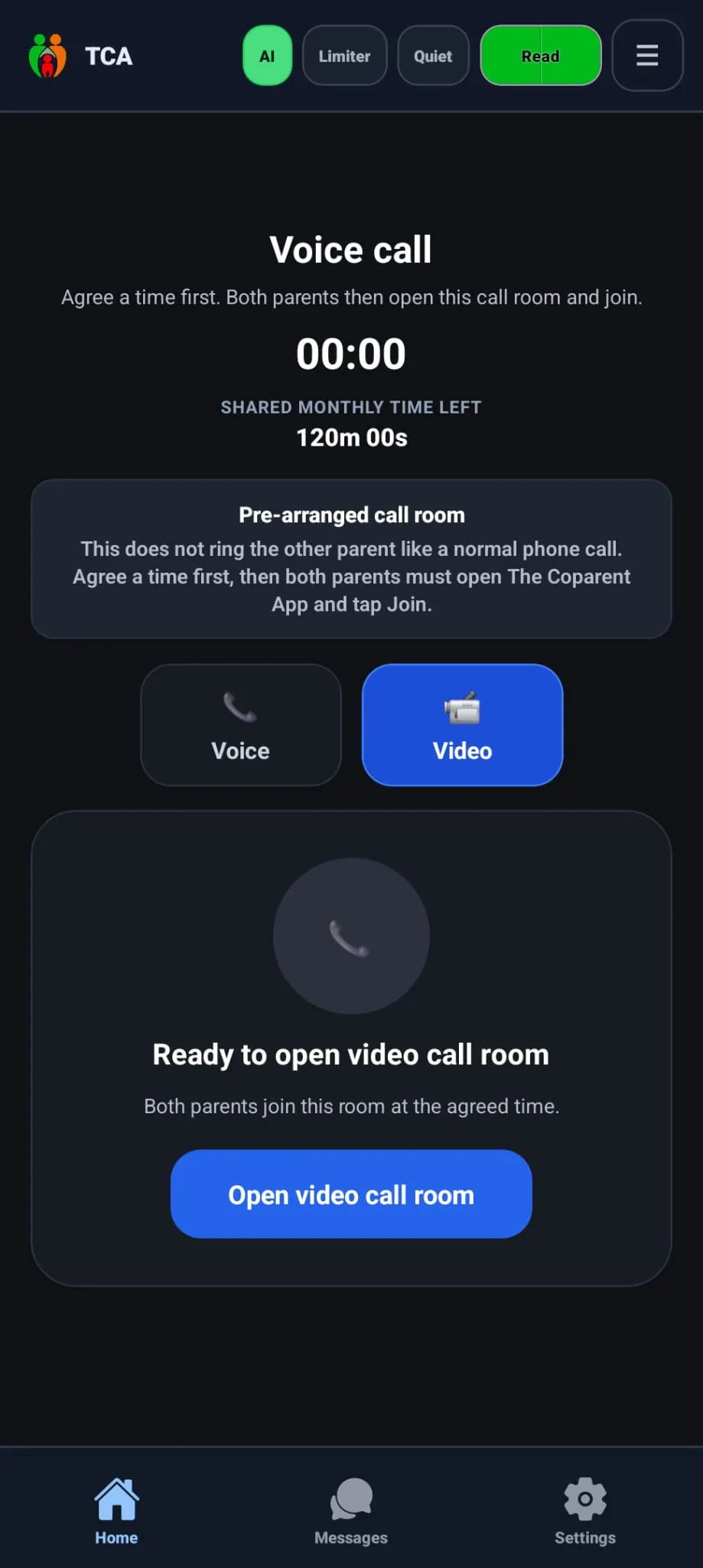 Voice and video call room in The Coparent App with shared monthly time remaining