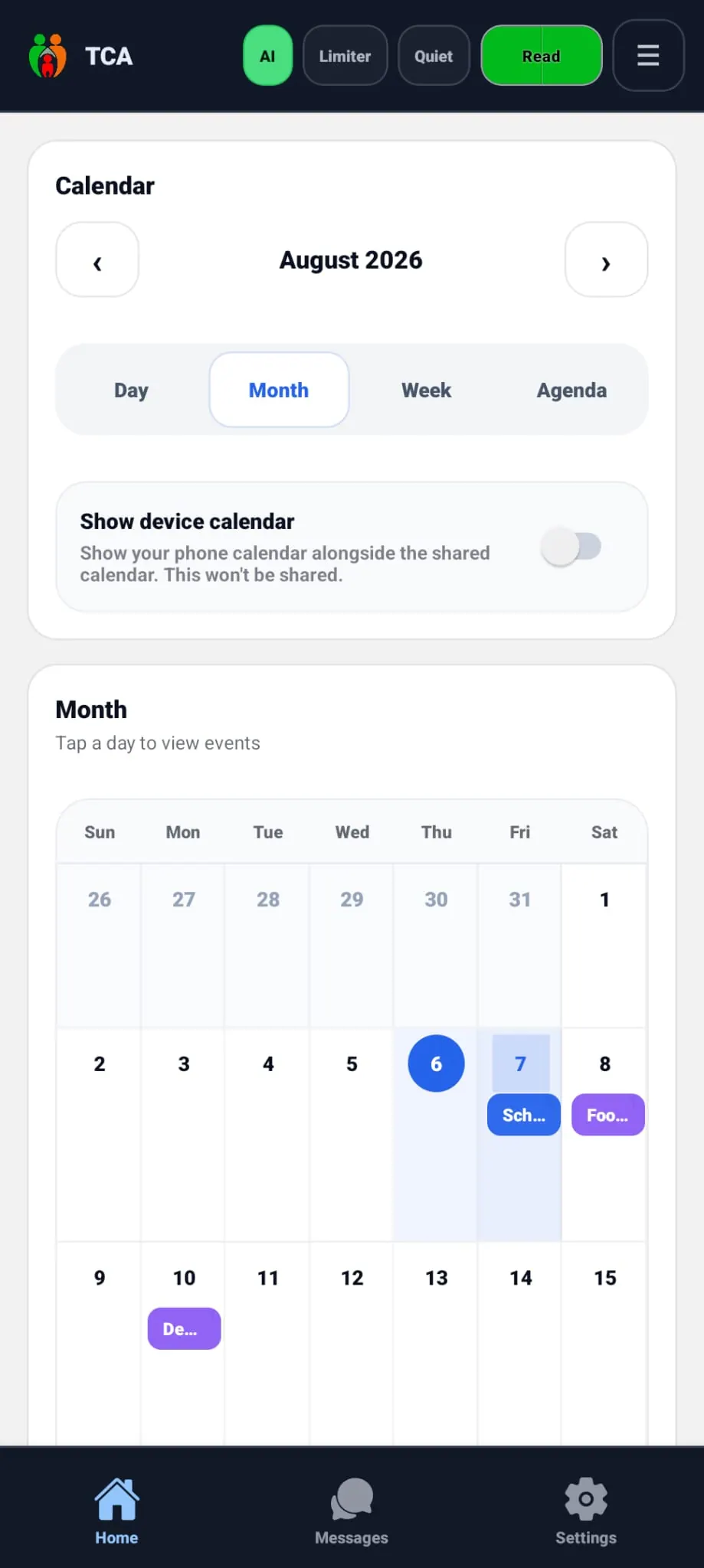 Shared co-parenting calendar for August 2026 showing school pickup, football and dentist events