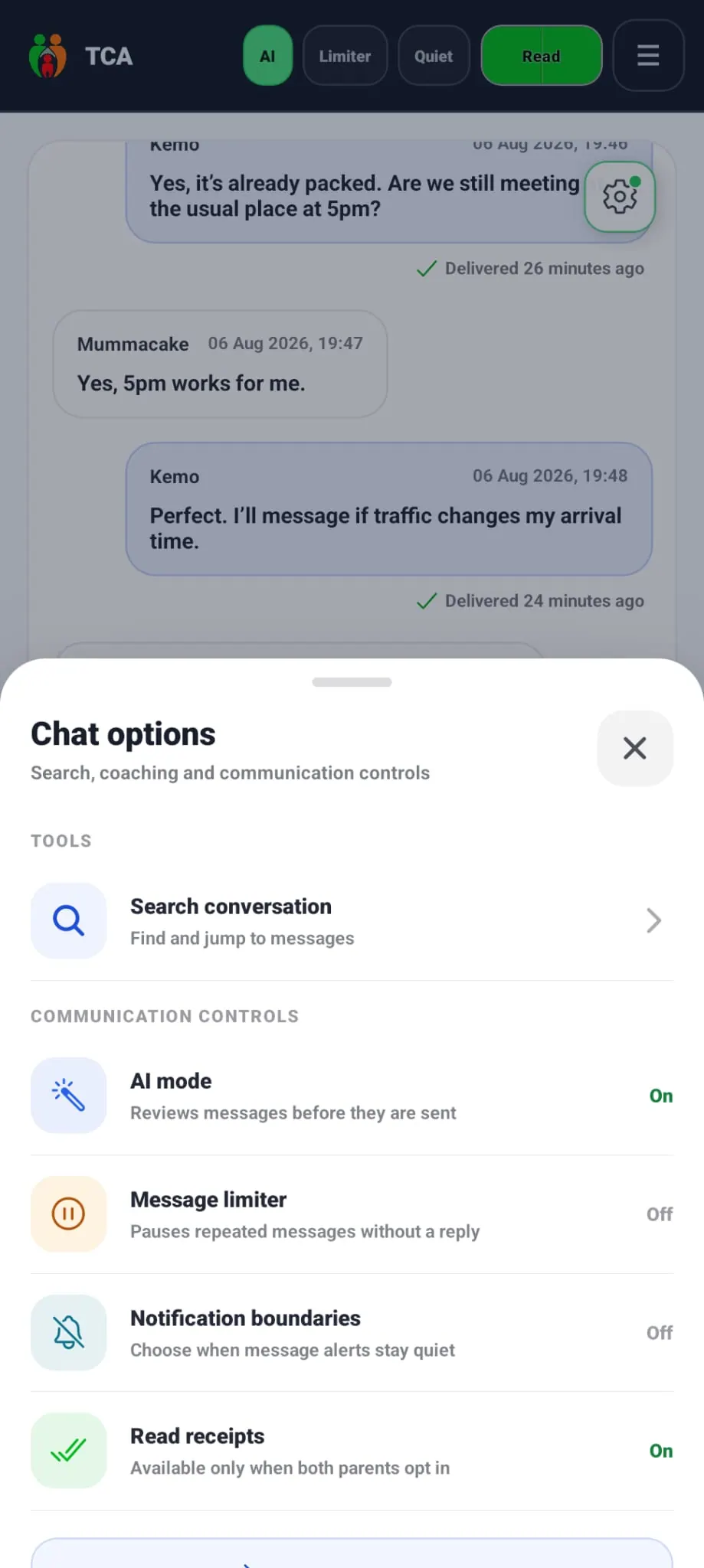 Chat options for AI Mode, Message Limiter, Notification Boundaries and Read Receipts