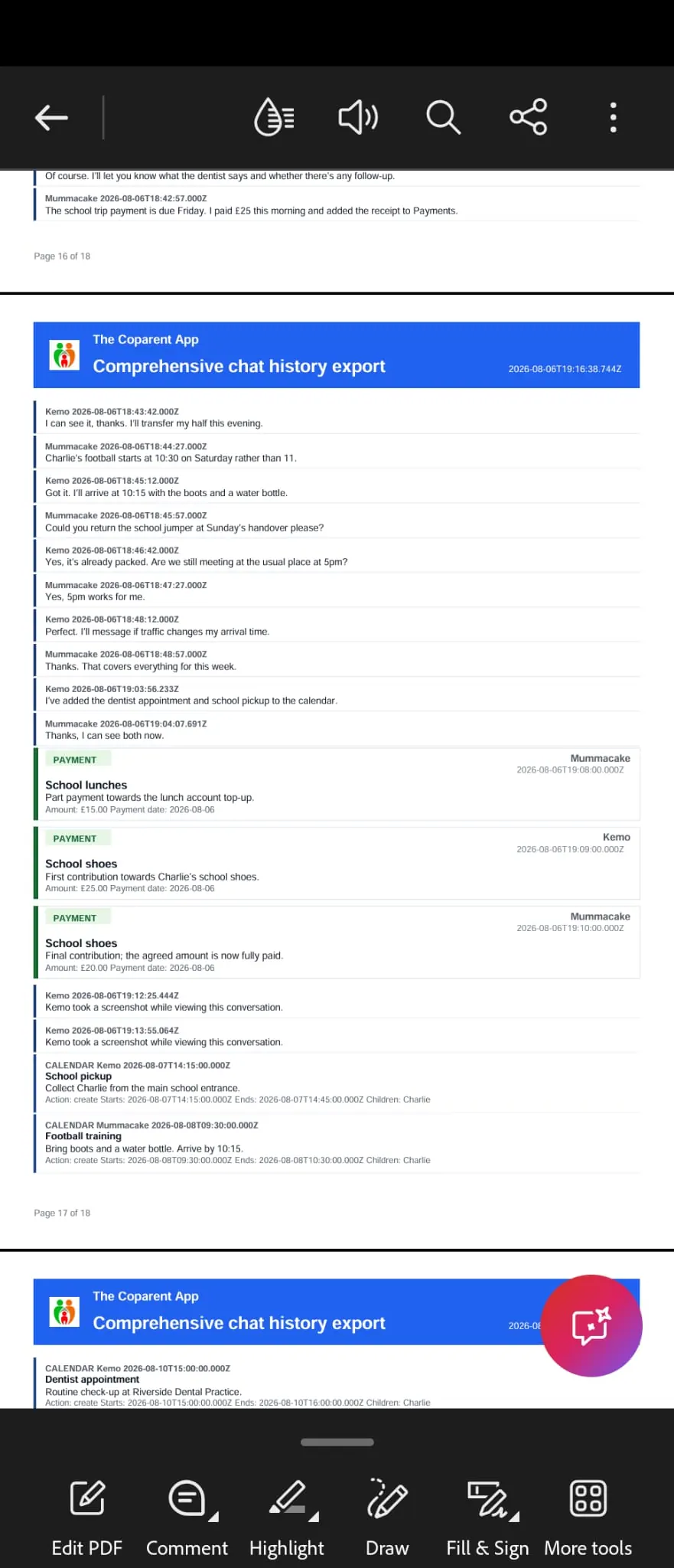 PDF chat history export containing co-parenting messages, payments and calendar records