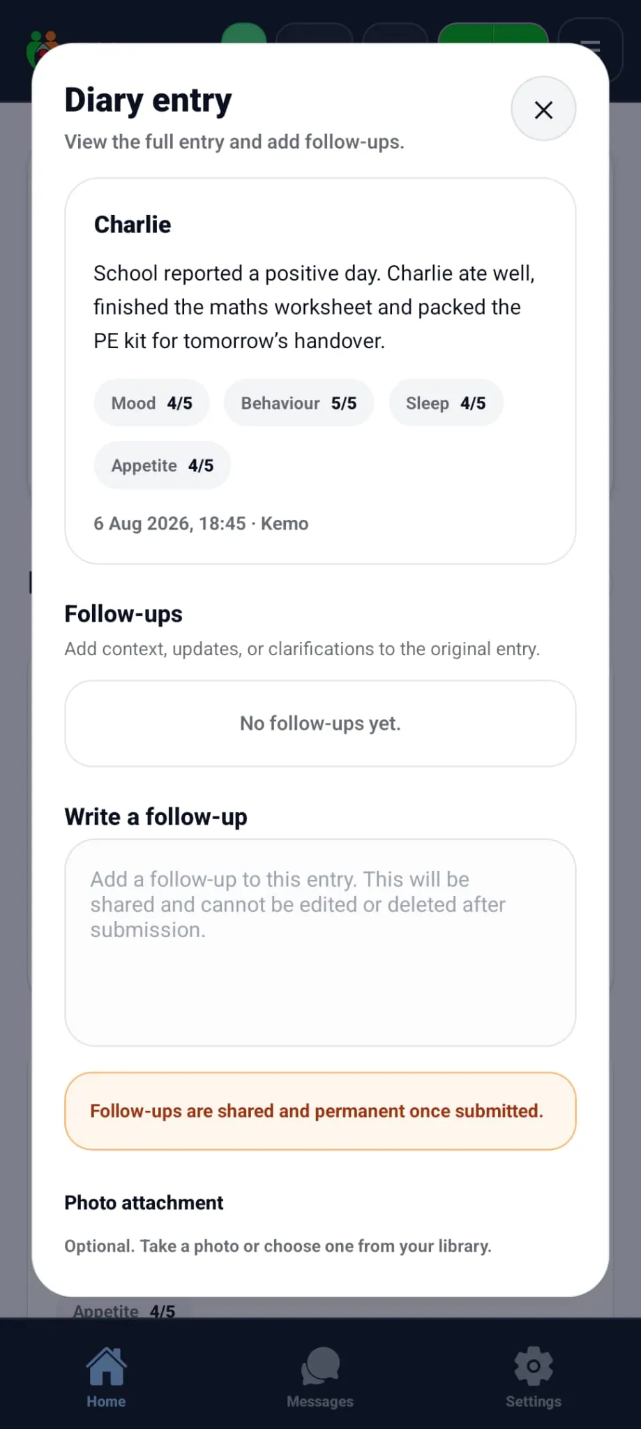 Detailed shared diary entry for a child with mood, behaviour, sleep and appetite ratings