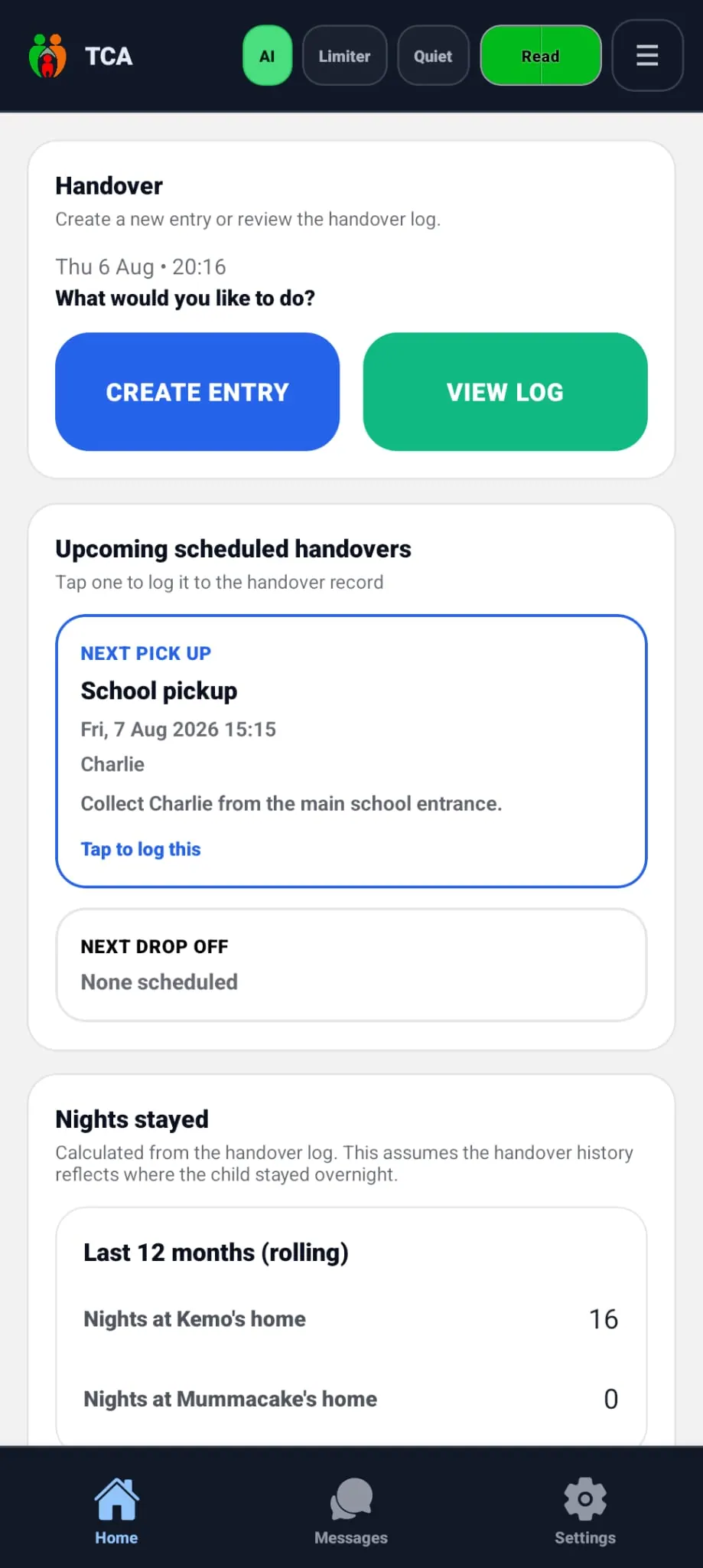 Handover dashboard showing an upcoming school pickup and shared handover record