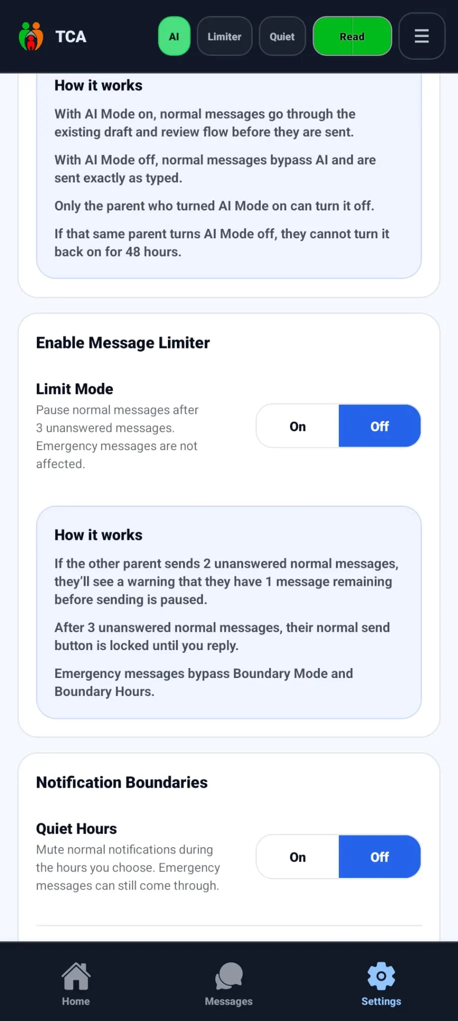 Message Limiter settings explaining how repeated unanswered messages can be paused