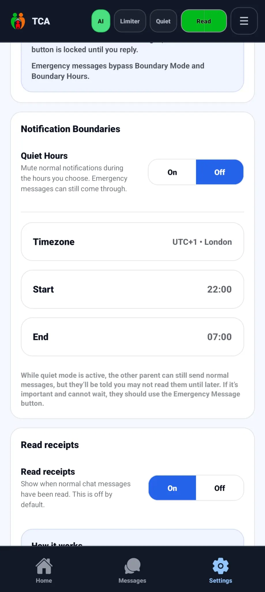 Notification Boundaries settings with quiet hours from 10pm to 7am
