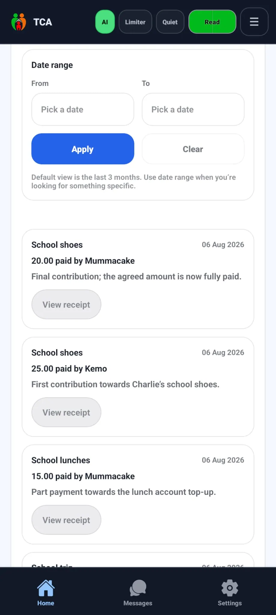 Shared payment records for school lunches and school shoes
