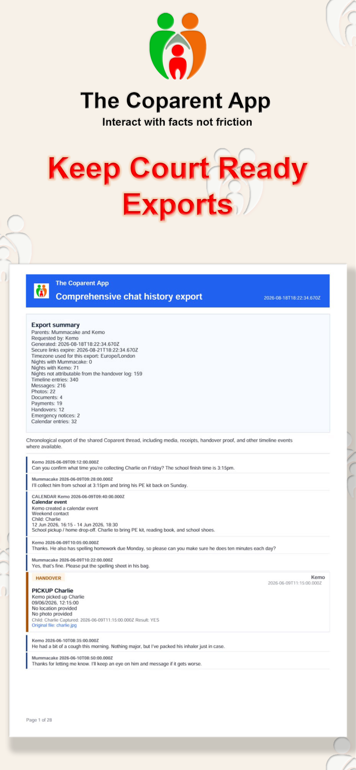 Co-parenting record export screen in The Coparent App