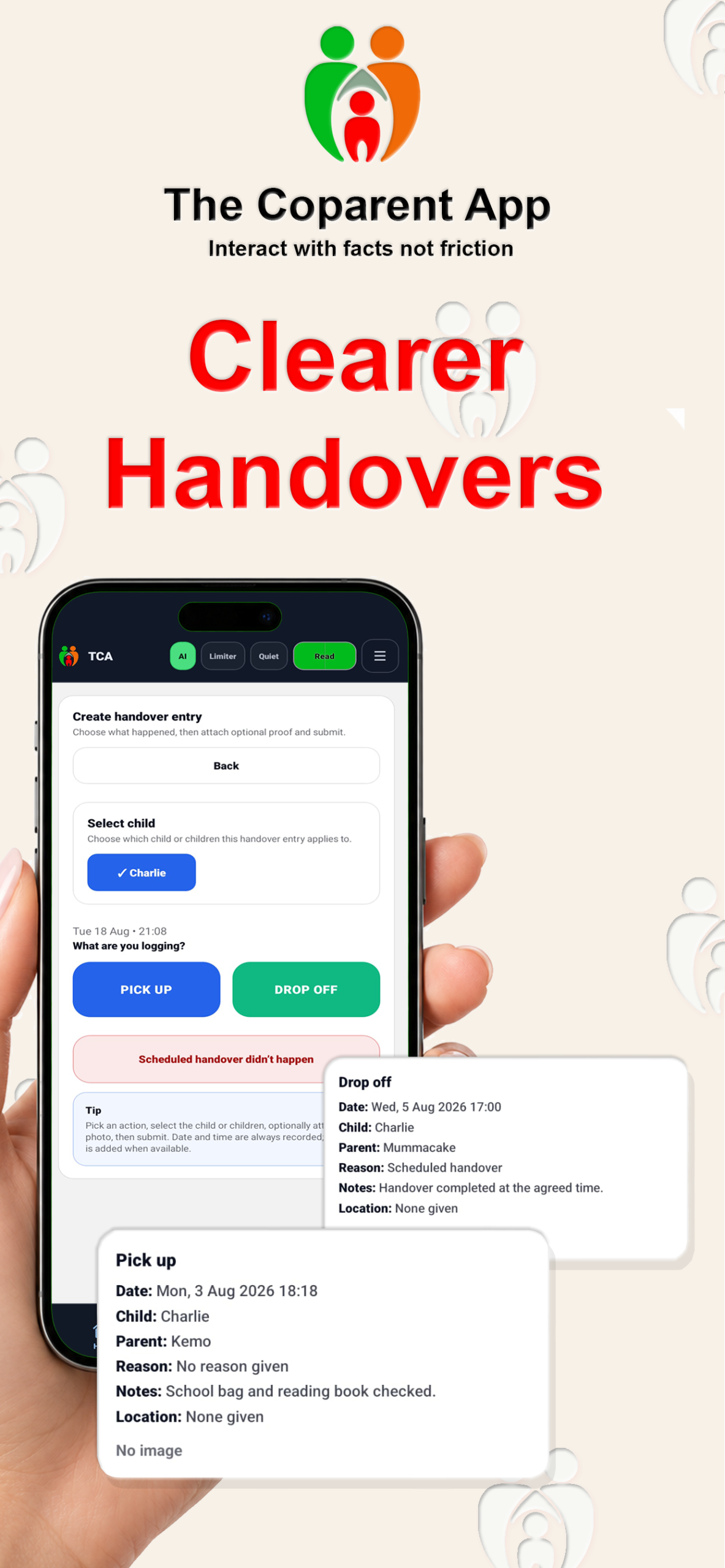 Child handover screen in The Coparent App