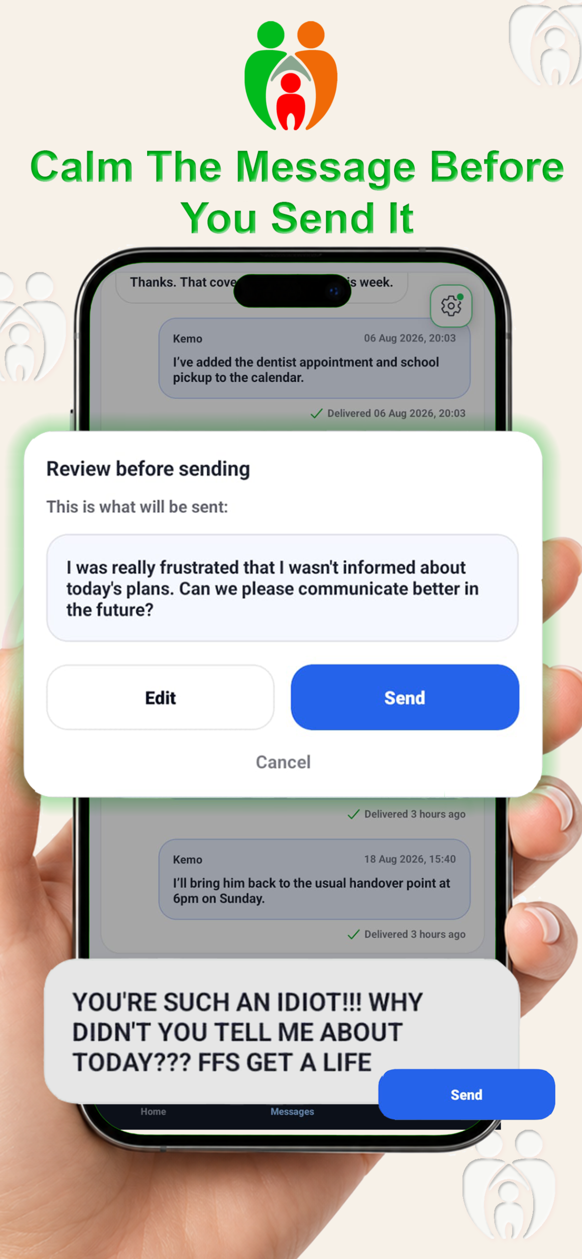 AI Mode screen for calmer co-parenting message suggestions