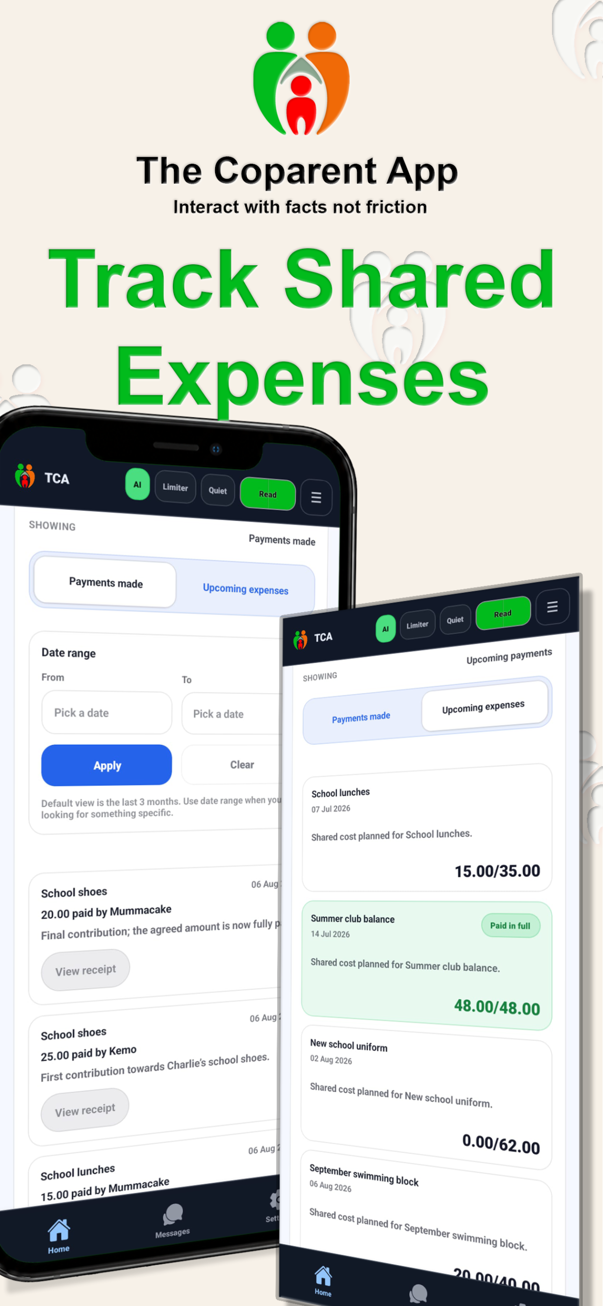 Shared payments and expenses screen in The Coparent App