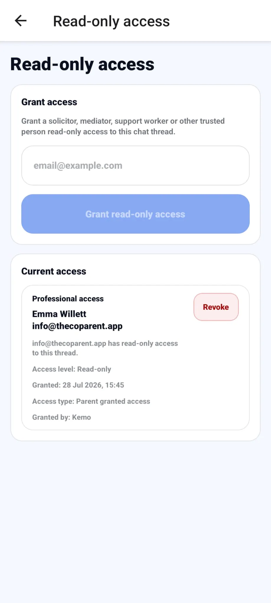 Parent controlled screen granting a professional read only access to a co-parenting thread