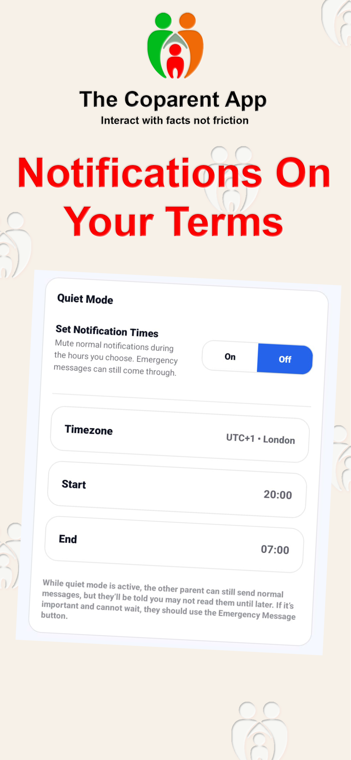 Quiet Mode screen for setting co-parenting notification hours
