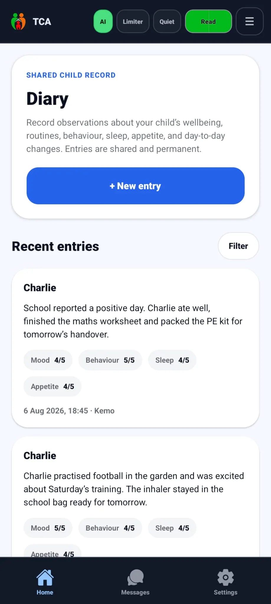 Shared child diary showing recent wellbeing and routine entries