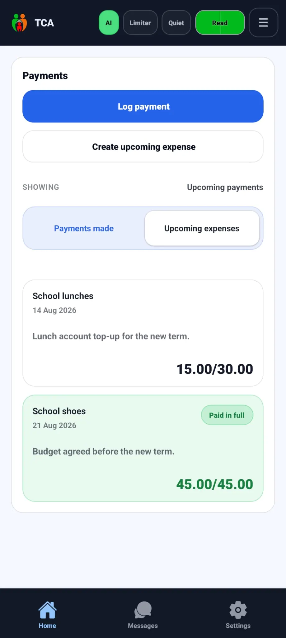Upcoming child expenses showing a part paid school lunch balance and paid school shoes