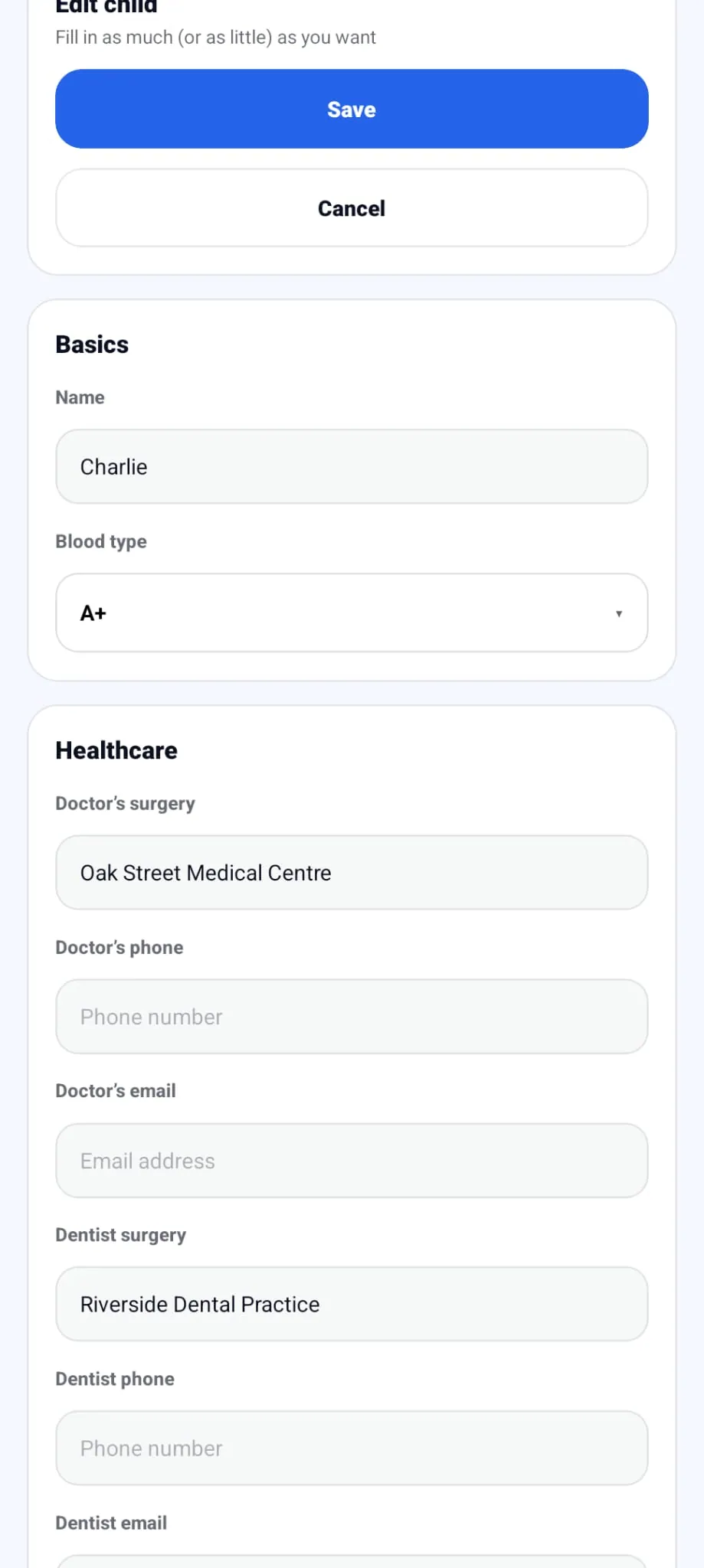 Shared child information record containing healthcare and dentist details