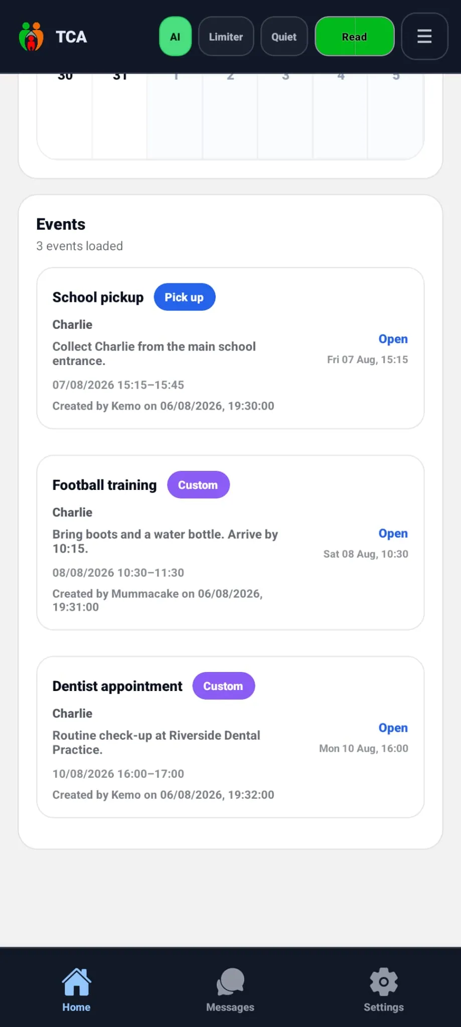 Shared calendar event list showing school pickup, football training and a dentist appointment