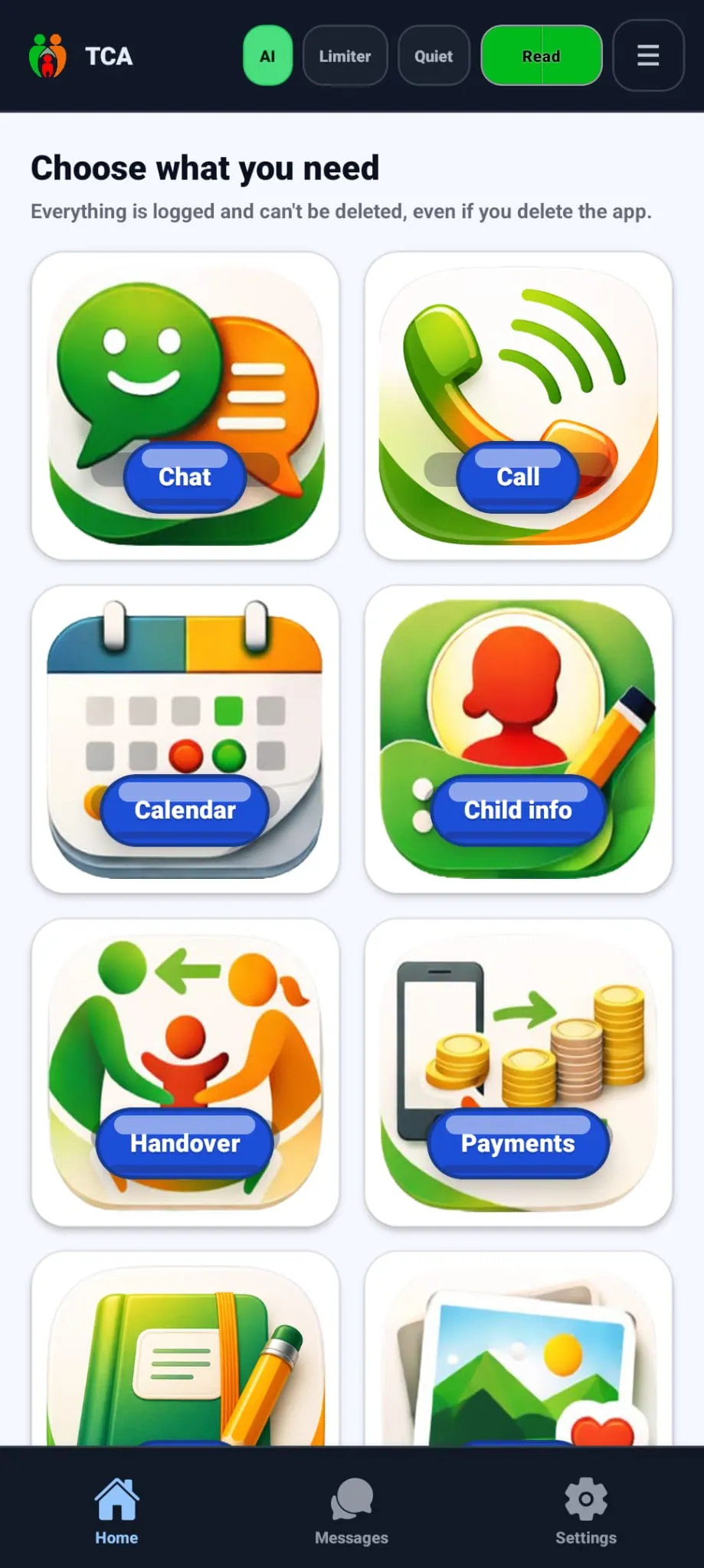 The Coparent App home screen with chat, calls, calendar, child information, handover and payments