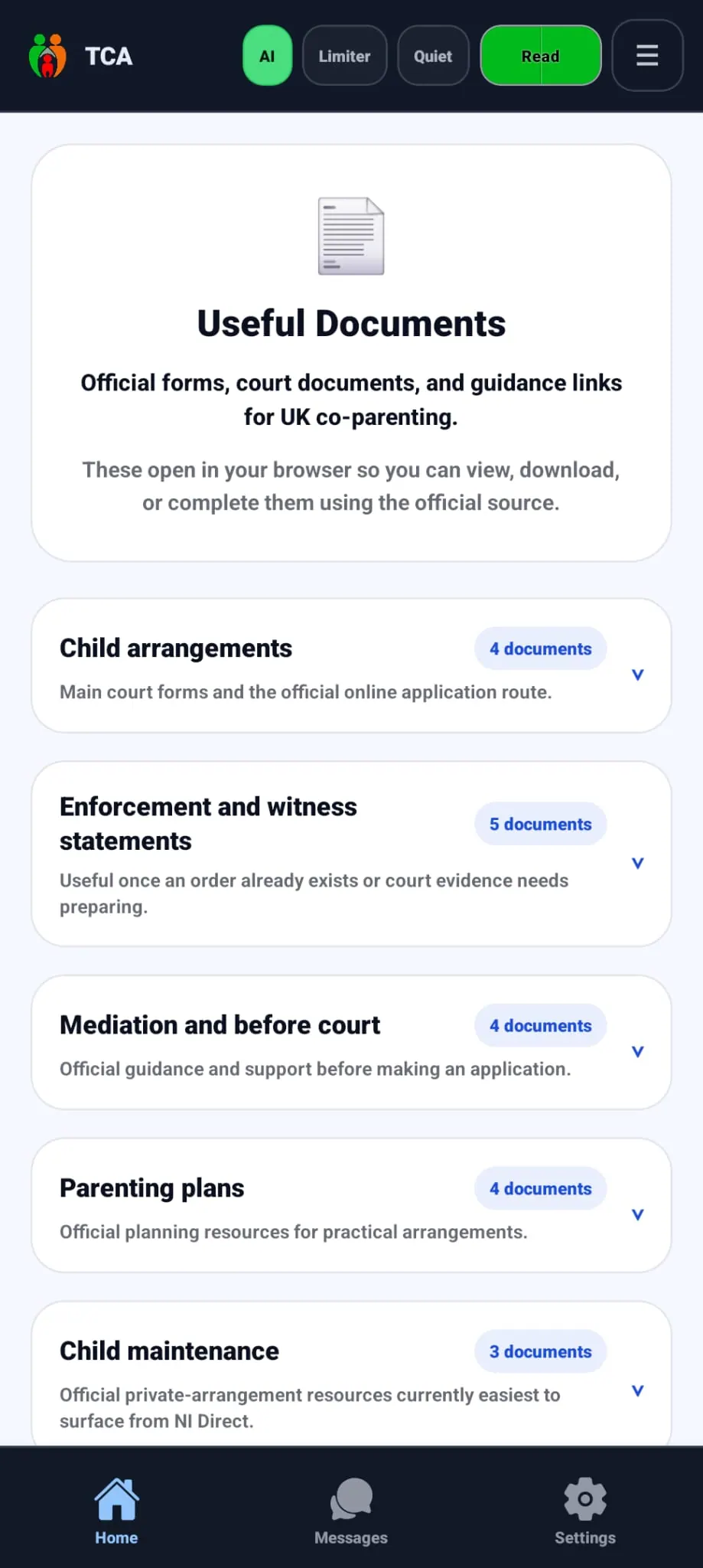 Useful Documents screen with official UK child arrangements, enforcement, mediation and parenting plan resources