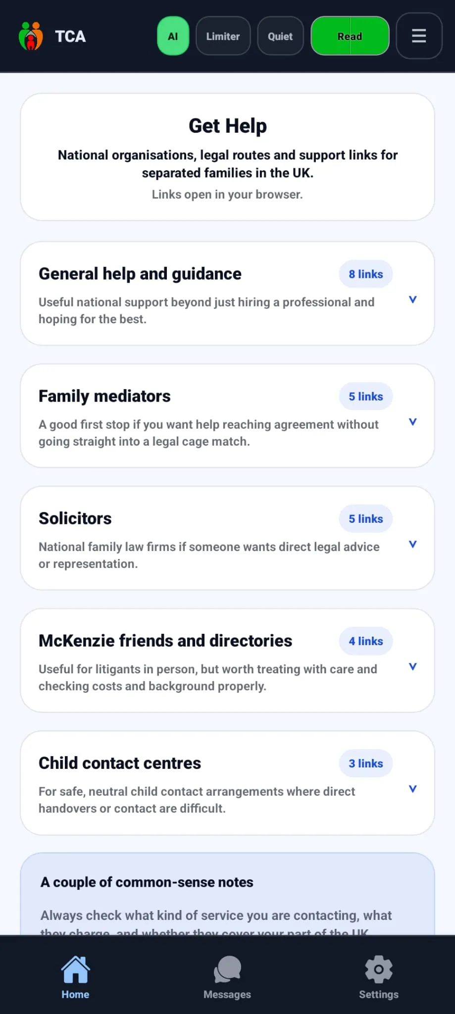 Get Help screen listing UK family mediators, solicitors, McKenzie Friends and child contact centres